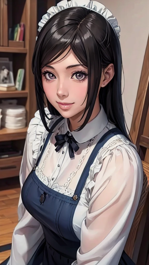 (Highest quality,4K,8K,High resolution,masterpiece:1.2),Super detailed,(Realistic,photoRealistic,photo-Realistic:1.37),Beautiful detailed portrait of a mature woman, Fuller lips, Long eyelashes, Maid clothesを着て, A kind smile, Highly detailed face, Maid clothes, Intricate details, Vibrant colors, Dramatic lighting, Structure of the film, Anime-inspired art style