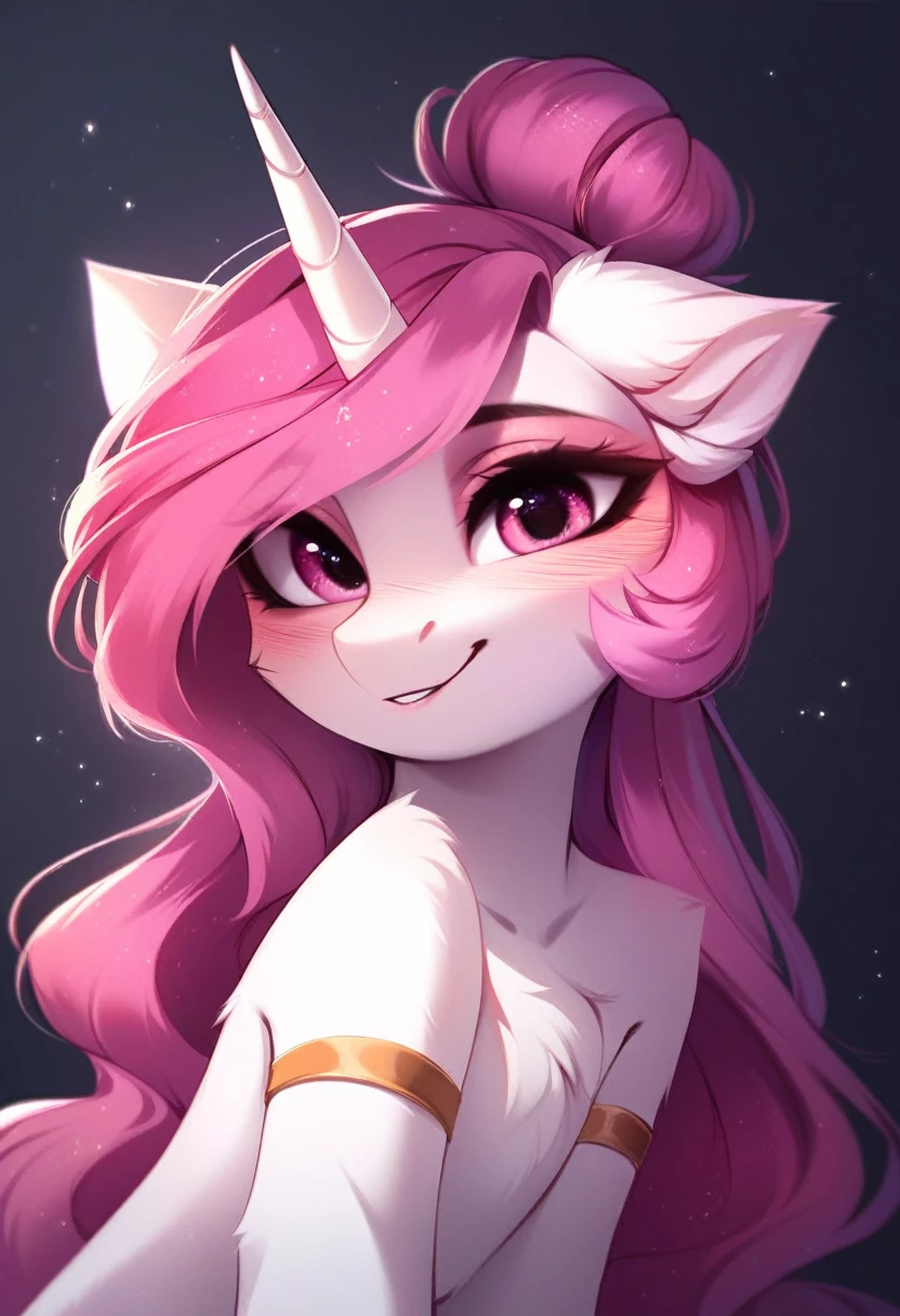 check_9, check_8_up, check_7_up, source_fluffy, rating_safe, from Magnaluna, Celestia poses seductively in a white bedroom, dark pink mane with gold stripes in it, hair bun with bangs, pink eyes, white body, anthro, blushing,  