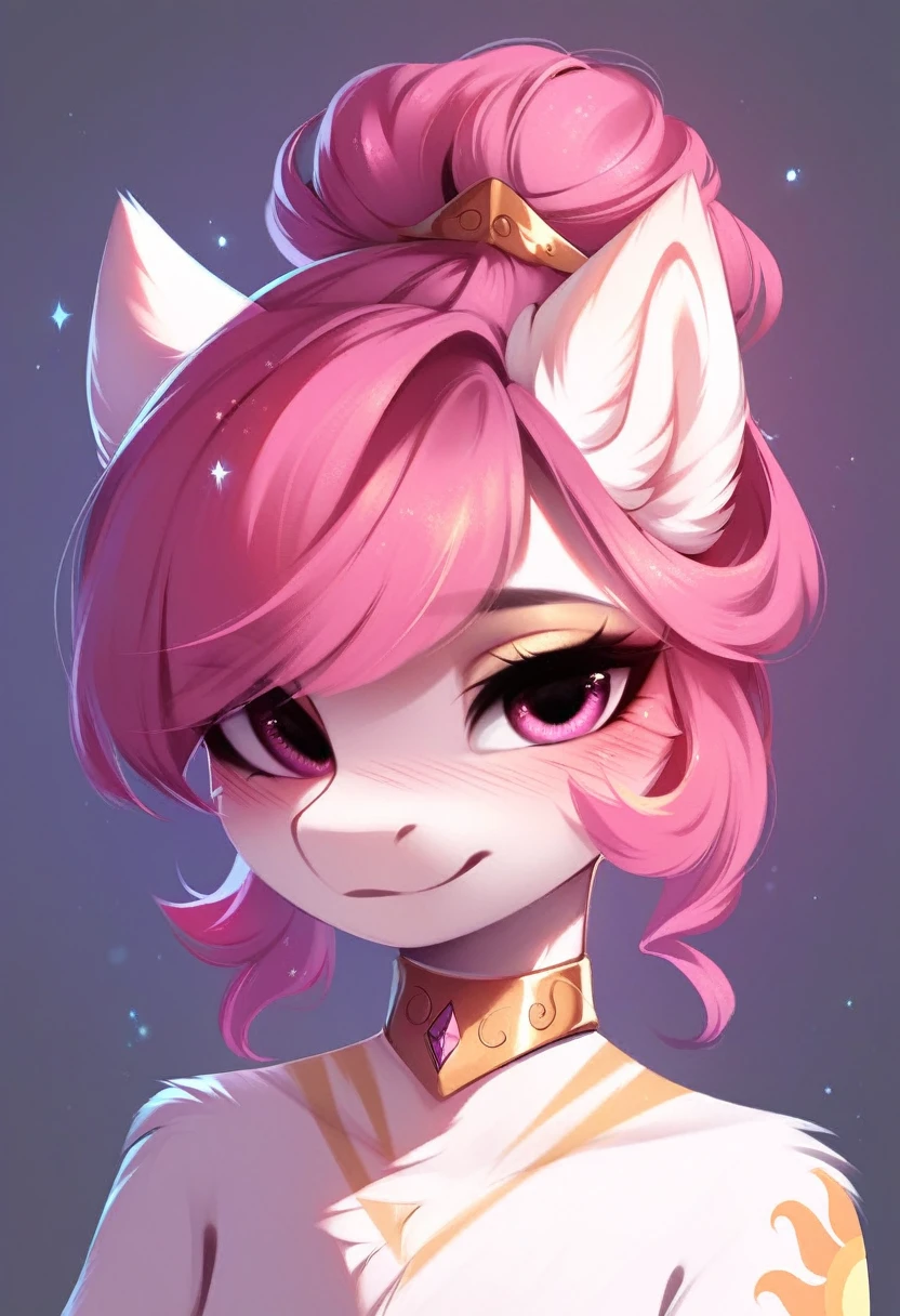 check_9, check_8_up, check_7_up, source_fluffy, rating_safe, from Magnaluna, Celestia poses seductively in a white bedroom, dark pink mane with gold stripes in it, hair bun with bangs, pink eyes, white body, anthro, blushing,  