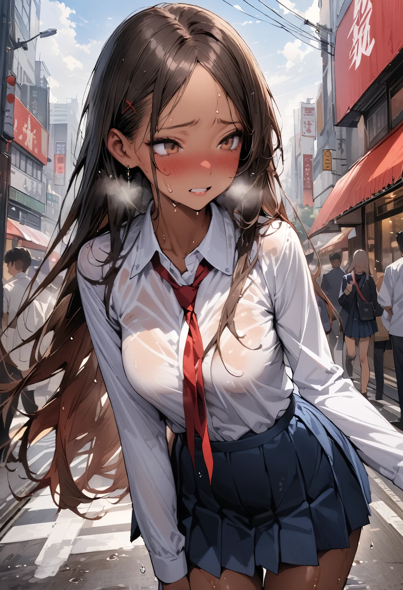 ((masterpiece,Highest quality:1.3,best quality illustration,realistic:1.3)),cowboy shot,独奏,1woman,(20-year-old、Japanese Beauty)、brown hair,long hair,(center parted bangs),brown eyes,gorgeous eyes,((very small head:1.3)),shy,Heavy breathing,((very long body:1.2,skinny)),medium breasts,(tan skin:1.3),(Red ribbon tie、White collared shirt、Long sleeve navy blue pleated mini skirt),gleaming skin,toned body,slender body、Wet crotch、sweat,on street,Shibuya、Modern Tokyo、
