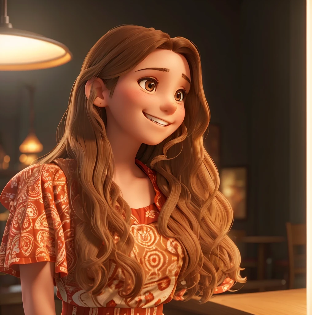 A young brunette woman with long brown hair is smiling at the camera, her teeth showing. She's wearing a red patterned top and has her hair styled in loose waves. The background suggests an indoor setting, possibly a restaurant or bar, with soft lighting that casts a warm glow on her face.