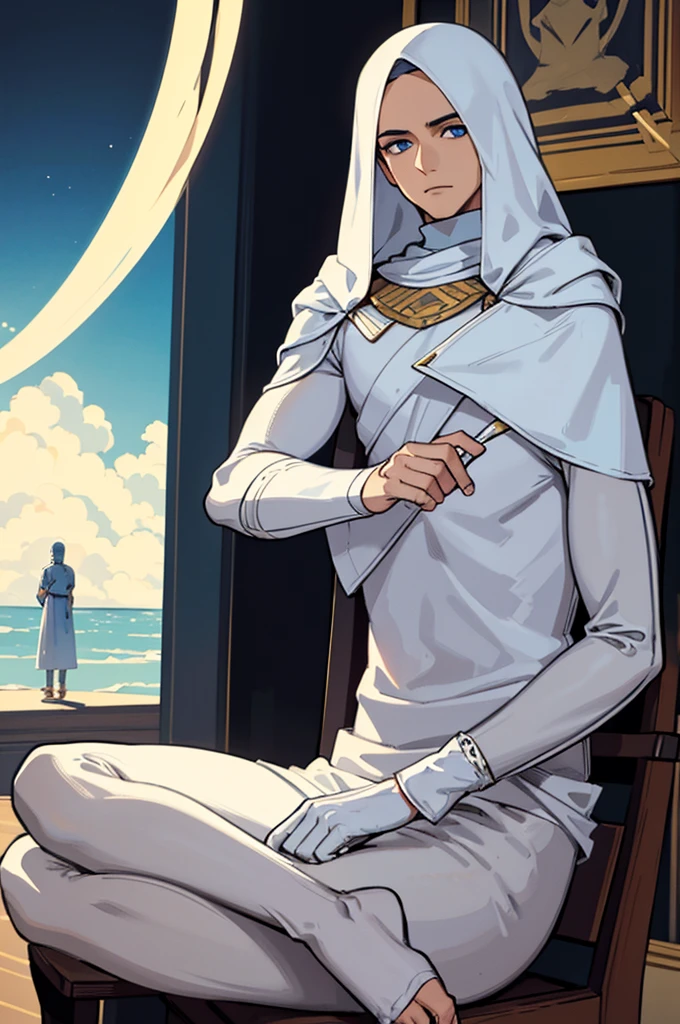 painting of a man sitting in a meditation pose, painting of white human figures, wearing white mask with no mouth, detailed painting of dune movie, digital painting
