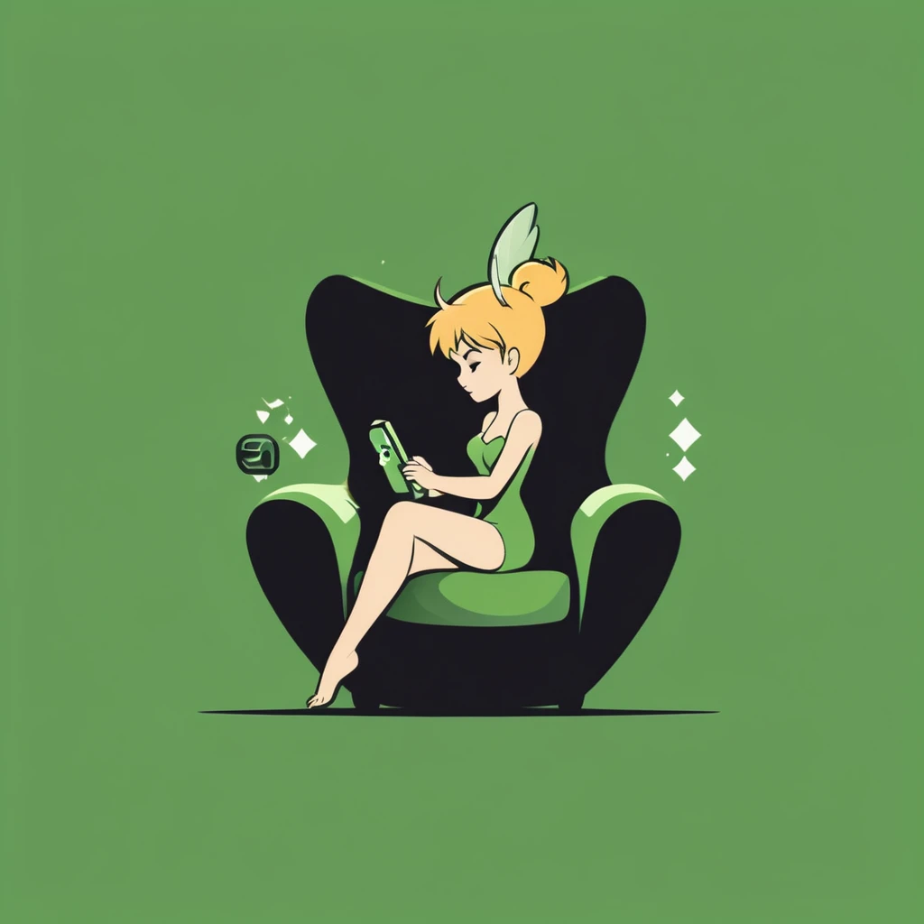 A logo for a video game company, with TinkerBell playing video games with a video game controller, Sitting in an armchair, minimalist, of various shades of green.
