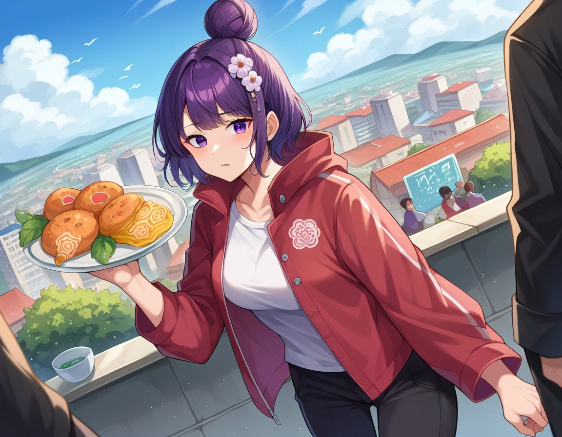 score_9, score_8_superior, score_7_superior, sauce_anime,
katsushikaHokusai, Hokusai, bangs, Purple eyes, Purple Hair, Mature Woman,
short hair, hair ornaments, flower, hair flower, Food, Hair Bun, single Hair Bun, Long sleeve, Jacket, pants, Food, Official Alternative Costumes, Foodie, black pants, Food down, casual, Fooded Jacket, white Foodie,
Outdoor, Cityscape, I had already finished,
View your viewers, Dutch Angle, Cowboy Shot,Intense penetration sex,Creampie Sex,