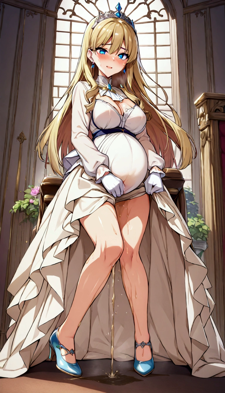 anime. 1 Girl. Cute girl. Princess. Pregnant. Disabled person. Blonde. Long hair. Wavy hair. Blue eyes. Beautiful eyes. Beautiful eyes. Expressive eyes. Ideal face. beautiful nose. 16 years. Medium breasts. Beautiful breasts. Urinary incontinence. Wants to pee. I need to pee. A strong, desperate urge to pee. Hands on crotch. He squeezes his crotch tightly. Rubs the crotch. She peed herself. Urine
flows down your thighs. Ideal anatomical body. Beautiful long legs. Diadem. Neat earrings. Pearl necklace. Luxurious white dress. Victorian style dress. White gloves. Heeled shoes. Wheelchair. Sits in a wheelchair. Full height.
The Royal Castle. Royal Garden. Beautiful character design. Shiny skin. Full body. NSFW. Official art. Extremely detailed CG Unity 8k wallpaper. Ideal lighting. Ultra high resolution 4K. Super detailed 8K resolution. A high resolution. Masterpiece. Best quality.