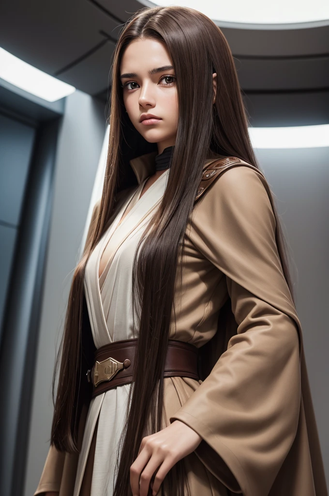 A 20 years old teenager, she has long straight brown hair, brown eyes, a hopeless face too, and wears a Jedi cloak, inside mileium falcon
