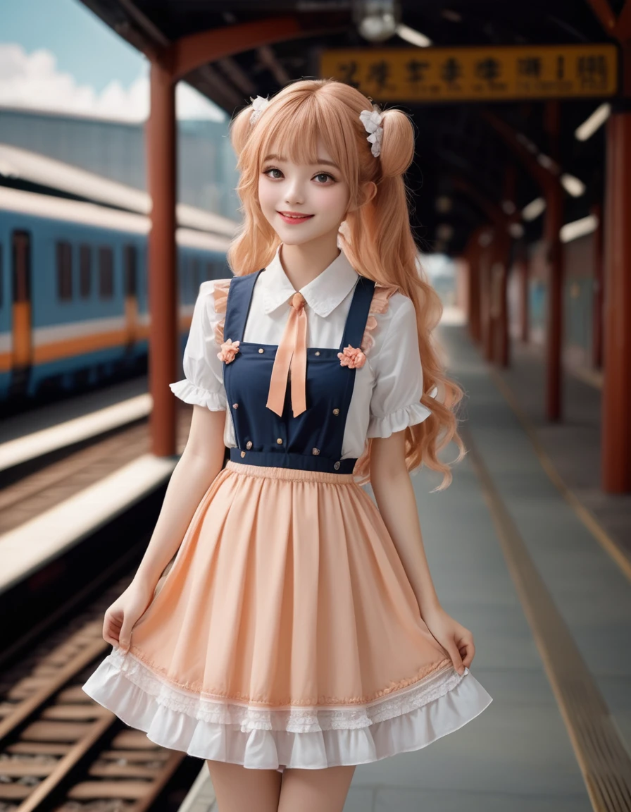 best quality, masterpiece, extremely cute and tender girl, smile, (petite:1.2), (solo:1.2), beautiful tender eyes symmetrical, (beautiful and detailed face), beautiful long twintail hair, (pastel peach hair:1.3), blunt bangs, nice hands, perfect hands, juicy fruit-inspired motif frilly dress, a lot of frills, (train station:1.2), (baggage)