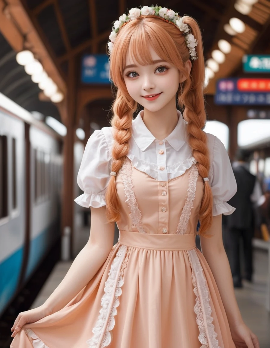 best quality, masterpiece, extremely cute and tender girl, smile, (petite:1.2), (solo:1.2), beautiful tender eyes symmetrical, (beautiful and detailed face), beautiful long twintail hair, (pastel peach hair:1.3), blunt bangs, nice hands, perfect hands, juicy fruit-inspired motif frilly dress, a lot of frills, (train station:1.2), (baggage)