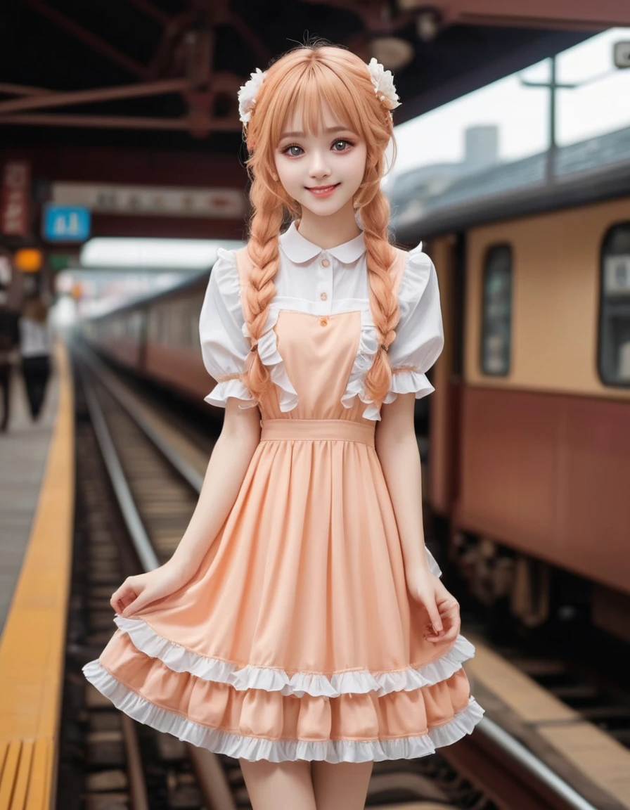 best quality, masterpiece, extremely cute and tender girl, smile, (petite:1.2), (solo:1.2), beautiful tender eyes symmetrical, (beautiful and detailed face), beautiful long twintail hair, (pastel peach hair:1.3), blunt bangs, nice hands, perfect hands, juicy fruit-inspired motif frilly dress, a lot of frills, (train station:1.2), (baggage)