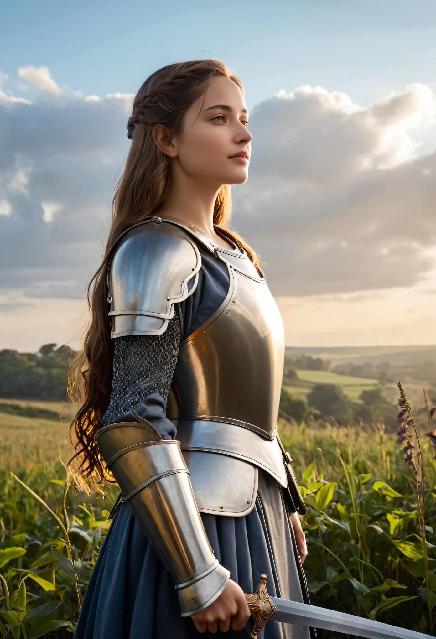 (best quality, 4k, 8k, highres, masterpiece:1.2), ultra-detailed, (realistic, photo realistic,photo-realistic:1.37), 
16yo Joan of Arc stands in a serene moment of contemplation, her delicate features framed by the soft, golden light of dawn. Her face is youthful and serene, with high cheekbones, gentle eyes that convey both vulnerability and unwavering faith, and lips that form a slight, determined smile. There is a subtle, almost otherworldly glow to her skin, emphasizing her divine inspiration.

Her long, wavy hair, the color of chestnut, cascades down her back, free from the confinement of a helmet. A few loose strands gently flutter in the breeze, adding to her ethereal appearance. She is dressed in a simple yet elegant suit of armor, its polished surface reflecting the morning light. The armor, though functional, is beautifully crafted, with delicate engravings of lilies and religious symbols that speak to her holy mission.

In one hand, she holds a slender, elegant sword, its blade shining with an inner light. The sword is both a weapon and a symbol of her divine purpose. In her other hand, she lightly grasps a banner, the flag of France, its fabric gently waving in the soft breeze. The banner is pristine, its vibrant colors a stark contrast to the somber tones of the battlefield in the distance.

Joan stands on a hill overlooking the battlefield, a look of serene determination on her face. The landscape around her is tranquil, with the early morning mist rising from the ground and the first rays of sunlight breaking through the clouds. In the background, the distant sounds of battle are muted, creating a poignant contrast between the chaos of war and the calm resolve of this young heroine.
