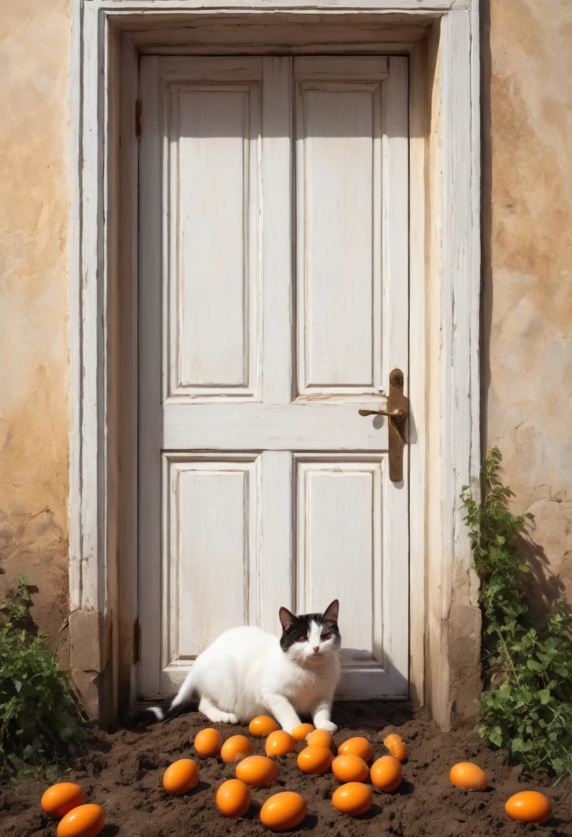 (best quality, super fine, 16k, incredibly absurdres, extremely detailed, 2.5D, delicate and dynamic, three-dimensional effect expressed by light and shade, highres, 8k, masterpiece, immersive atmosphere, film grain)
(Frontal image of a undetailed white door, white door, undetailed door, no details in the center: 1.5) (Frame around the door, paintings in the wall around, details around, detailed wall, detailed environment, fine detail, optial illusion, complex, hand draw, 3D painting, reality, fantasy art, enhance, intricate, sharp, best quality, masterpiece, Representative work, official art, Professional, 8k, based on the following poem: Vis'Isabela realizes it to the goal because without waiting she elaborates although this land, this ball, gets entangled. Like my chest that I once loved Battistela who kneaded bread and cakes with sticks and stones and put a candle on top we blew the remnants of the years, the kisses. But I kissed that mouth with a mouth that no longer speaks. That no longer writes letters to Stela! That canvas for painting elsewhere, in rural resting places. Dedicated to Easter animals, personal sweets, carrots and burrows, and an egg that does not lay for the charque, whole traditional attire. Soaked. Nightgown, pants. Etc. and shovel and ball. Buried in the mud to the screams in the humid memory! And Isabela calmly meditates dictating me certain verses bending herself inside out in yoga and the cat imitates. He meows and she is mine, sweet gestures.)