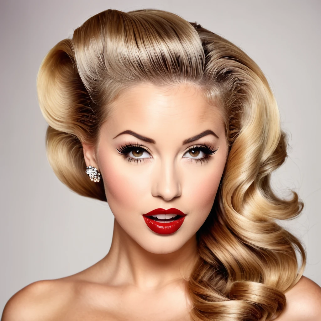 femme, cheveux blond, barbe marron, style pin up