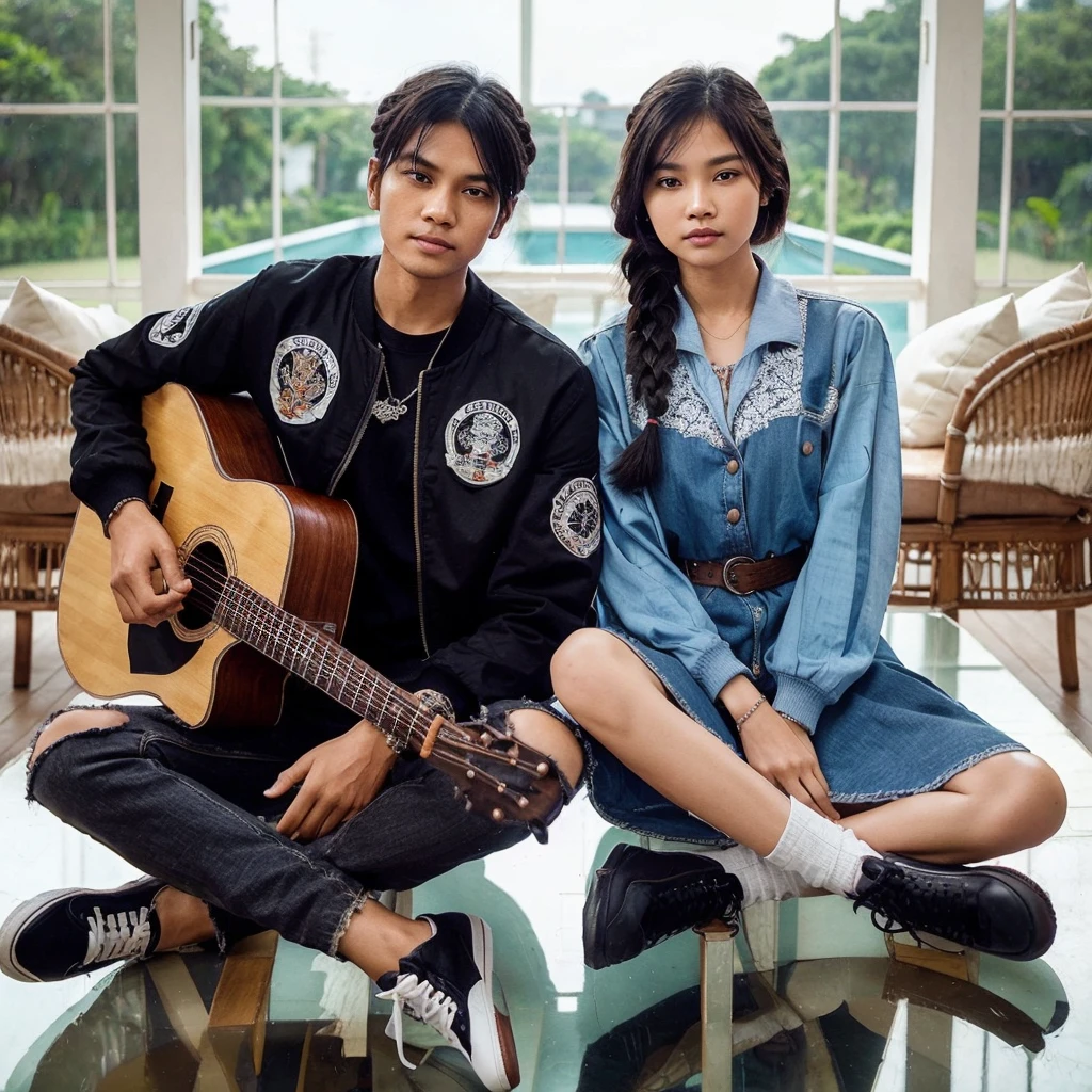 Original photo of an Indonesian couple with clean faces and white skin, the man wears a black emblem bomber shirt ,ripped black jeans , wearing shoes,Women , hair in braids , wearing a blue knee-length blouse dress , wearing shoes, they pose sitting on top of the villa's glass-floored gazebo , man holding a guitar ,they are singing ,with a romantic atmosphere and a sweet smile, HD high-quality photography long shoot,100k
