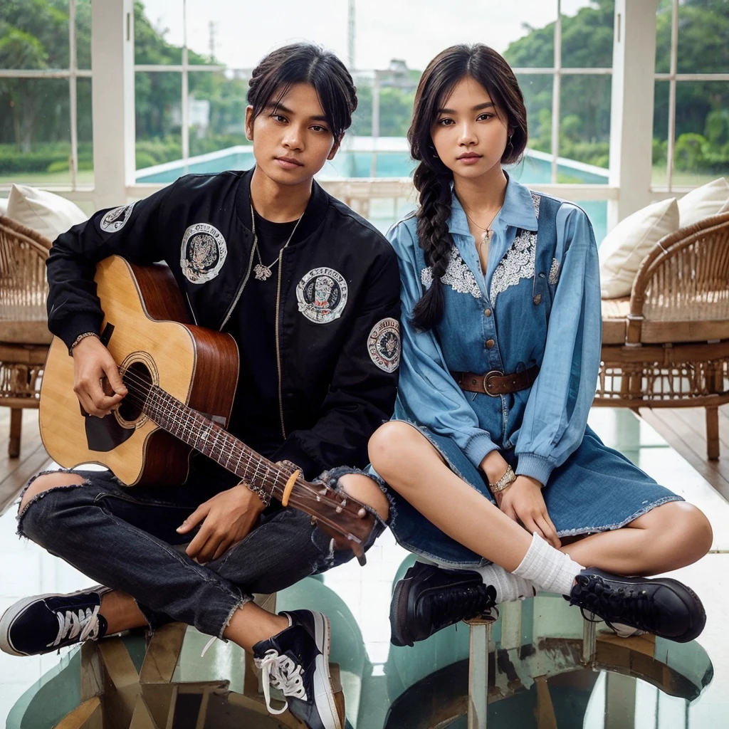 Original photo of an Indonesian couple with clean faces and white skin, the man wears a black emblem bomber shirt ,ripped black jeans , wearing shoes,Women , hair in braids , wearing a blue knee-length blouse dress , wearing shoes, they pose sitting on top of the villa's glass-floored gazebo , man holding a guitar ,they are singing ,with a romantic atmosphere and a sweet smile, HD high-quality photography long shoot,100k