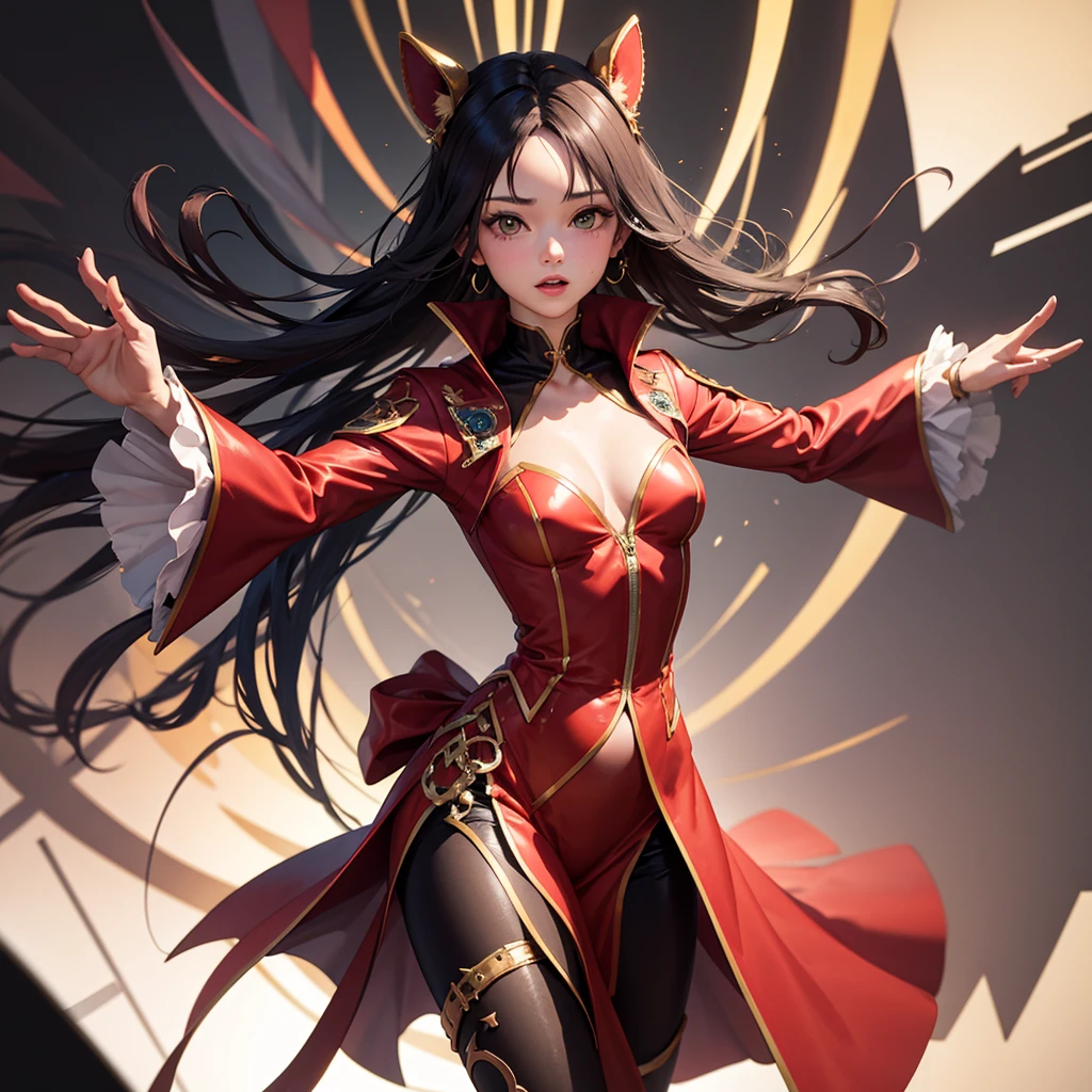 Woman in a red costume, BREAK abstract background, BREAK TPose, Outstretched arms.