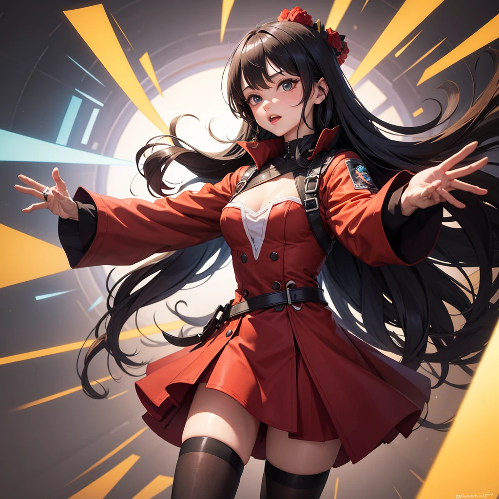 Woman in a red costume, BREAK abstract background, BREAK TPose, Outstretched arms.