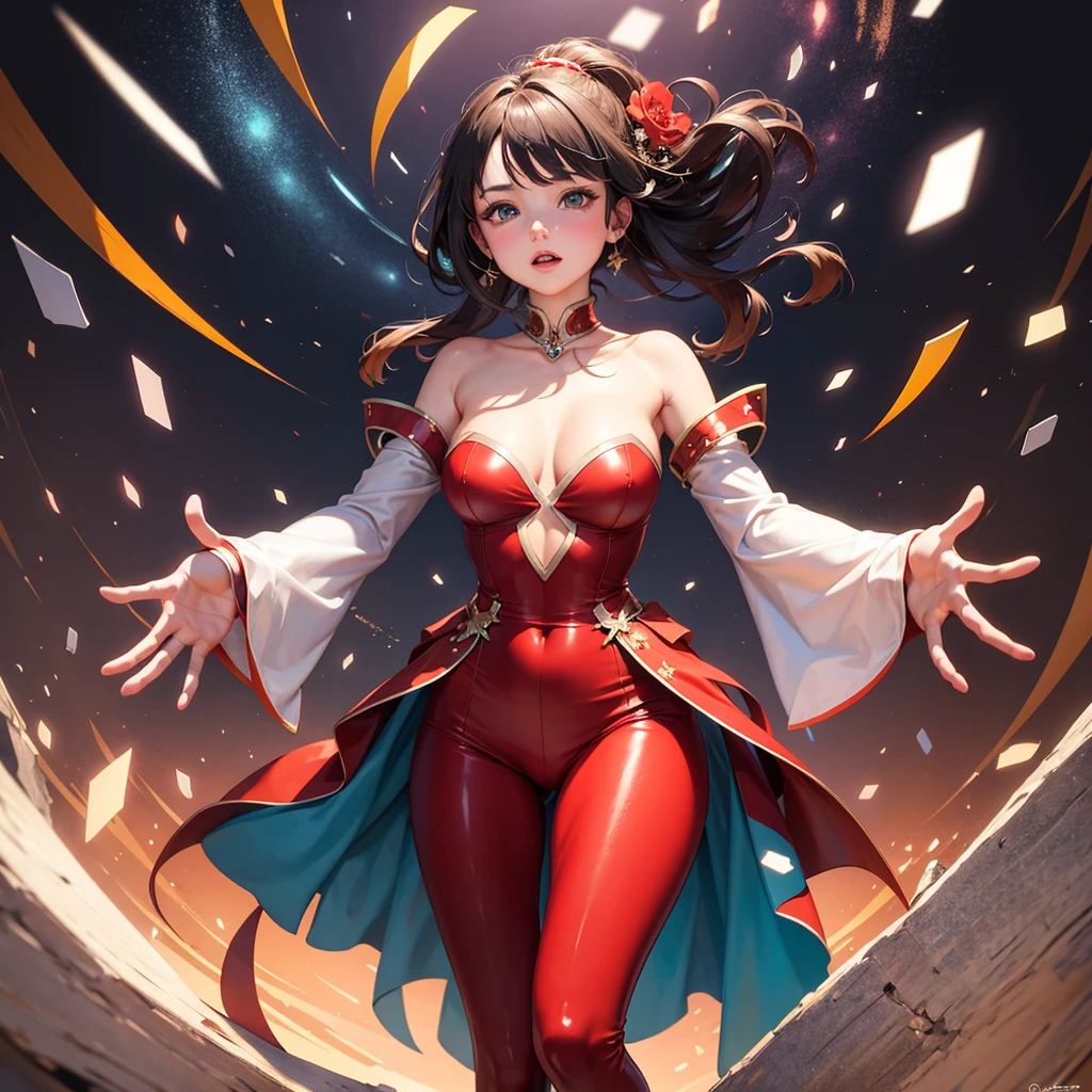 Woman in a red costume, BREAK abstract background, BREAK TPose, Outstretched arms.
