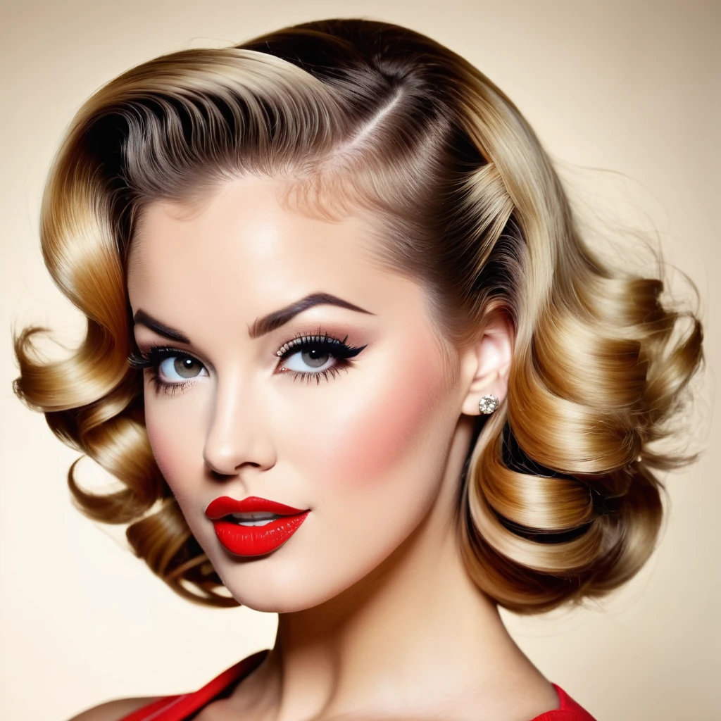 femme à barbe brune, cheveux très blond, style pin up