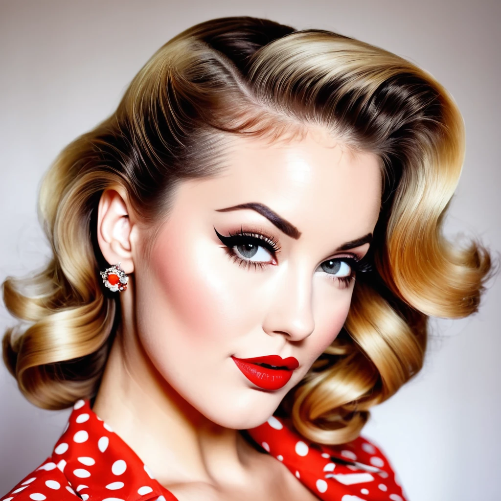 femme à barbe brune, cheveux très blond, style pin up