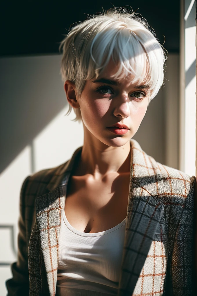 Instagram Photos, French woman, 21 years old, square hair cut,White hair, Tweed jacket, Neckline, pale, Sharp Shadow