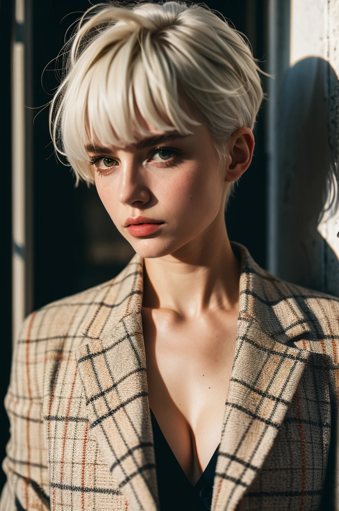 Instagram Photos, French woman, 21 years old, square hair cut,White hair, Tweed jacket, Neckline, pale, Sharp Shadow