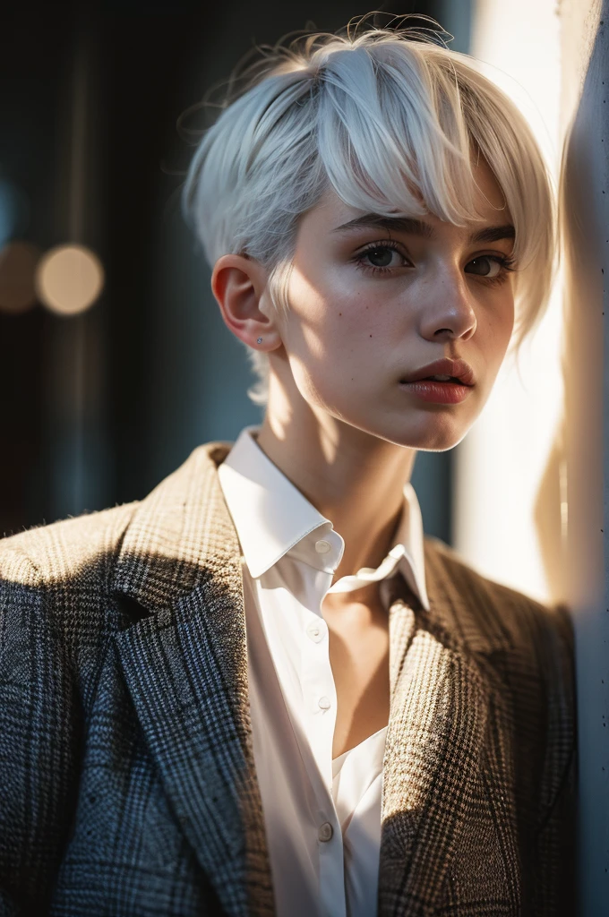 Instagram Photos, French woman, 21 years old, square hair cut,White hair, Tweed jacket, Neckline, pale, Sharp Shadow