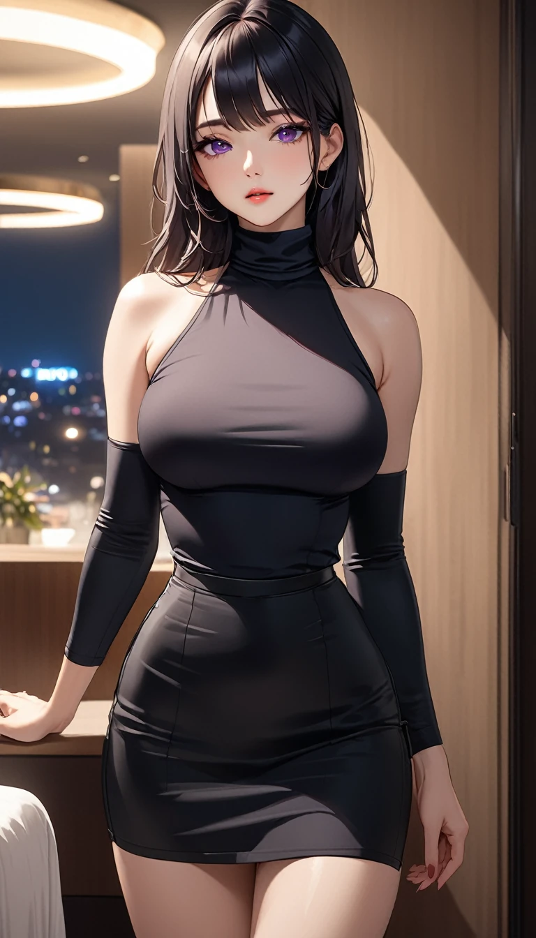 masterpiece, high resolution, beautiful woman, Korean Beauty, 30 years old, black sleeve less turtle neck, mini pencil skirt, beautiful woman, night hotel, standing and looking at me, (high resolution face), (high resolution eyes), black hair, big tits, purple eyes