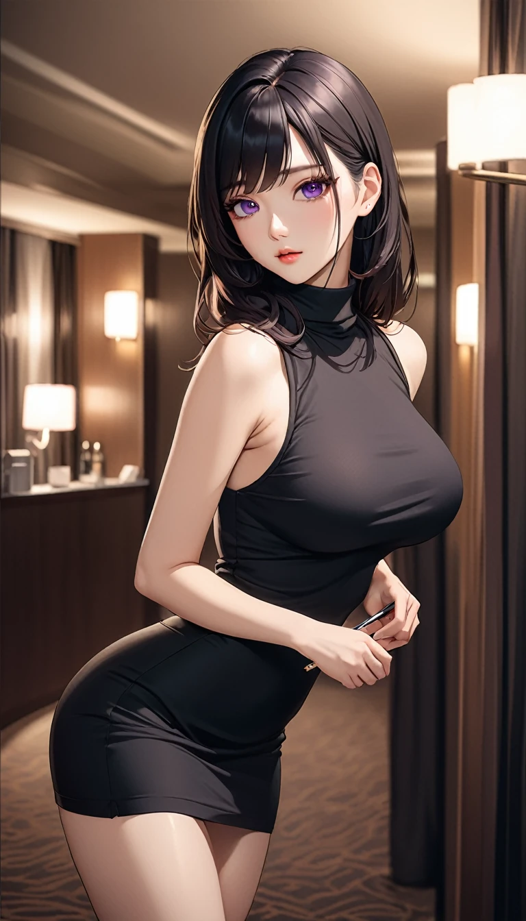 masterpiece, high resolution, beautiful woman, Korean Beauty, 30 years old, black sleeve less turtle neck, mini pencil skirt, beautiful woman, night hotel, standing and looking at me, (high resolution face), (high resolution eyes), black hair, big tits, purple eyes