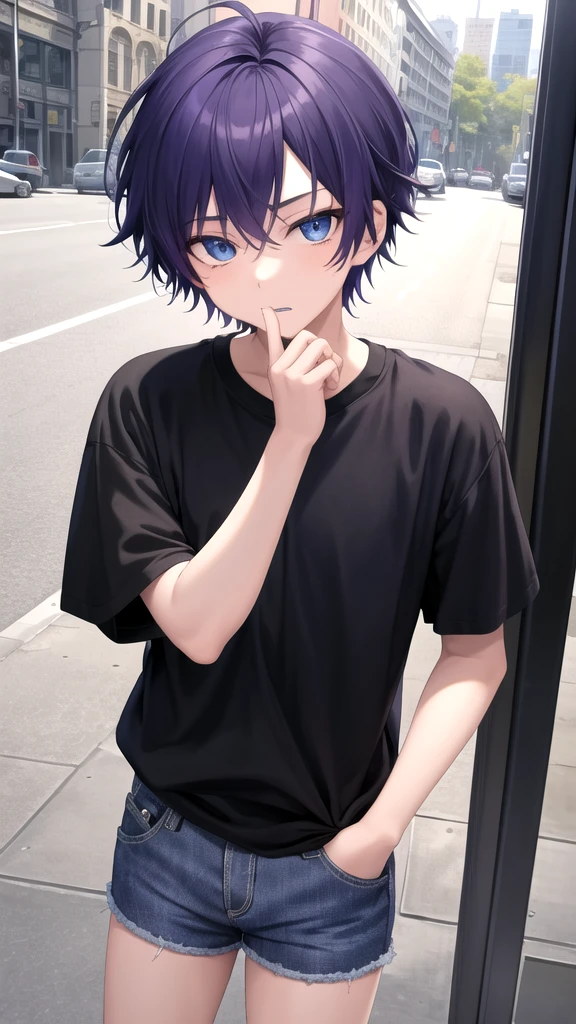 masterpiece, best quality, high quality, ,dark forsest, 1boy, solo, 14-year-old boy,male focus, looking at viewer , purple hair,black T-shirt ,blue jean shorts, blue eyes, dare sky
