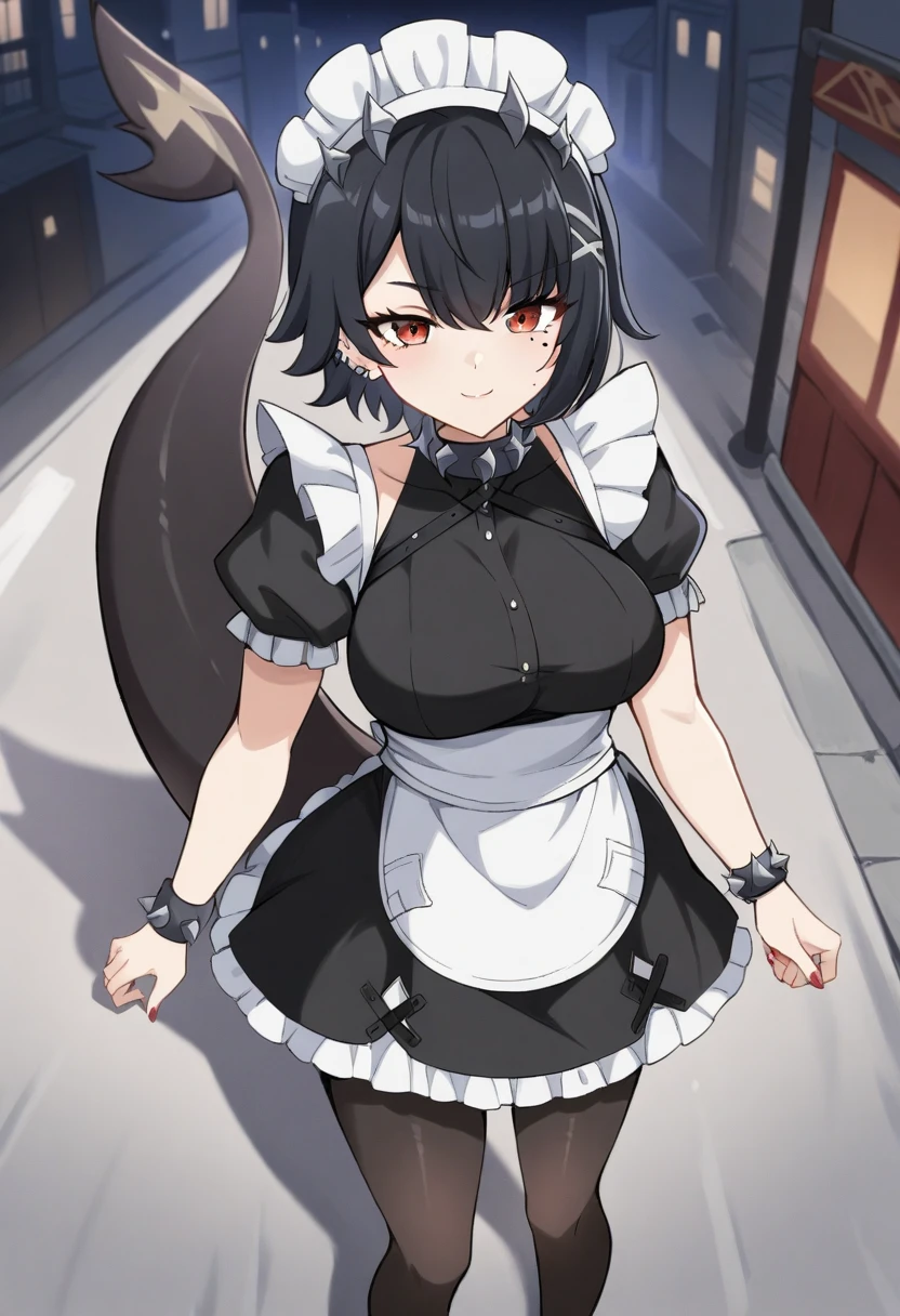 ellenjoe, ellen joe, black hair, colored inner hair, multicolored hair, (one red eye:1.3), red hair, two-tone hair, BREAK bapron, black pantyhose, black shirt, black skirt, ear piercing, fins, fish tail, maid, maid apron, maid headdress, pantyhose, piercing, puffy short sleeves, puffy sleeves, shark girl, shark tail, shirt, short sleeves, skirt, tail, two-tone hair, wrist cuffs, BREAK outdoors, city, sky, clouds, sun, park BREAK looking at viewer, (cowboy shot:1.5), BREAK (masterpiece:1.2), best quality, high resolution, unity 8k wallpaper, (illustration:0.8), (beautiful detailed eyes:1.6), extremely detailed face, perfect lighting, extremely detailed CG, (perfect hands, perfect anatomy) hourglass figure thick thighs wide hips 