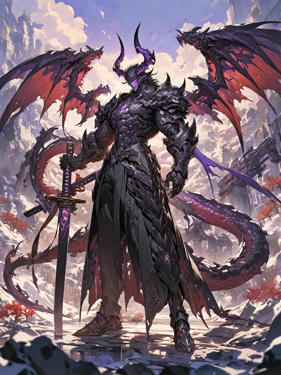 Best quality 8K resolution, Highly detailed, Digital Painting, Concept art, of the highest quality, One, beautiful face, 1 man, adult man, with a relief body, V-shaped body, black detailed armor with glowing purple details, black demonic horns, with large and long dragon wings, short hair, black hair, purple with red tones reptile eyes, a man has a huge and long katana in his hand, Against the background of war
