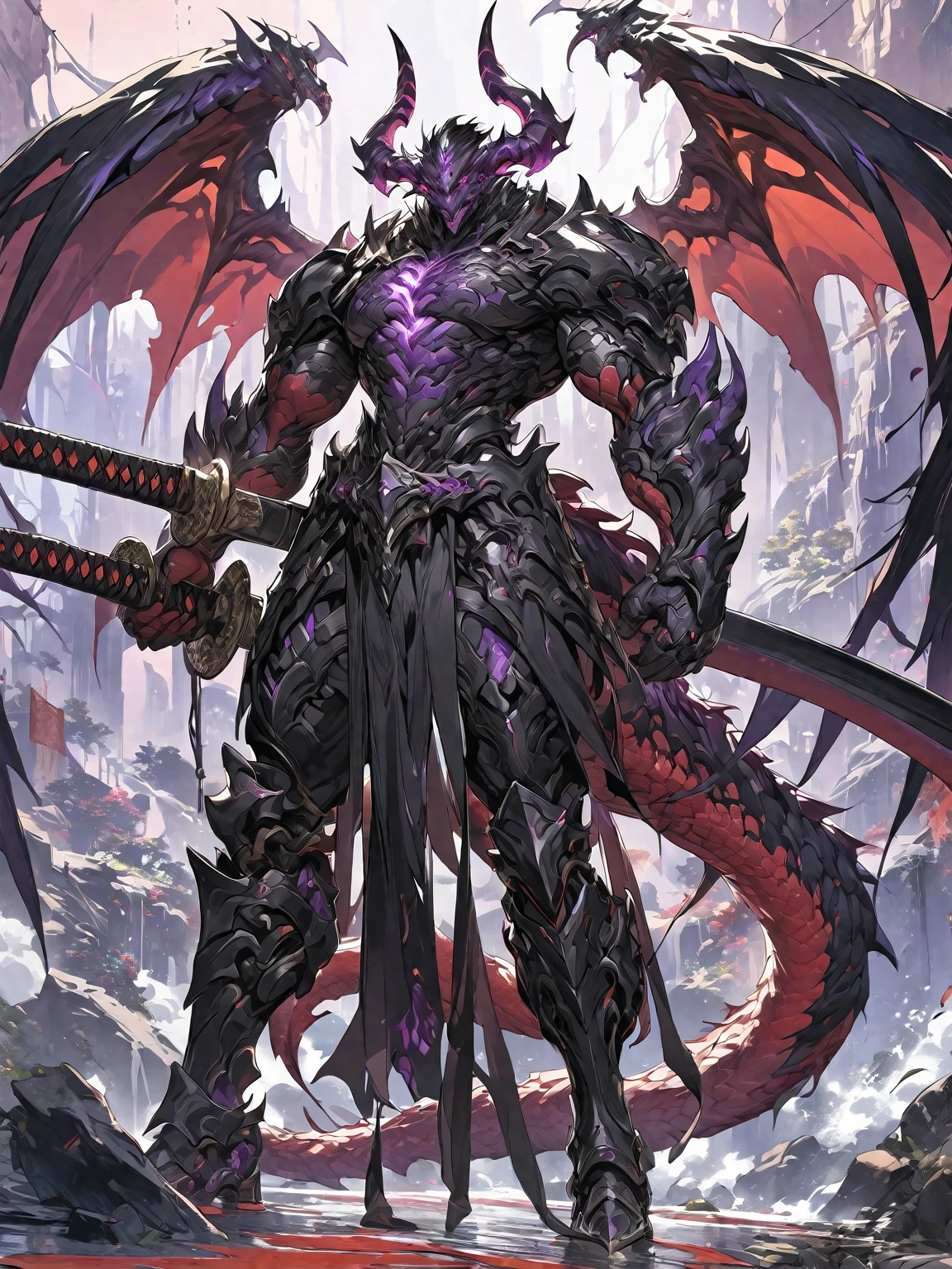 Best quality 8K resolution, Highly detailed, Digital Painting, Concept art, of the highest quality, One, beautiful face, 1 man, adult man, with a relief body, V-shaped body, black detailed armor with glowing purple details, black demonic horns, with large and long dragon wings, short hair, black hair, purple with red tones reptile eyes, a man has a huge and long katana in his hand, Against the background of war
