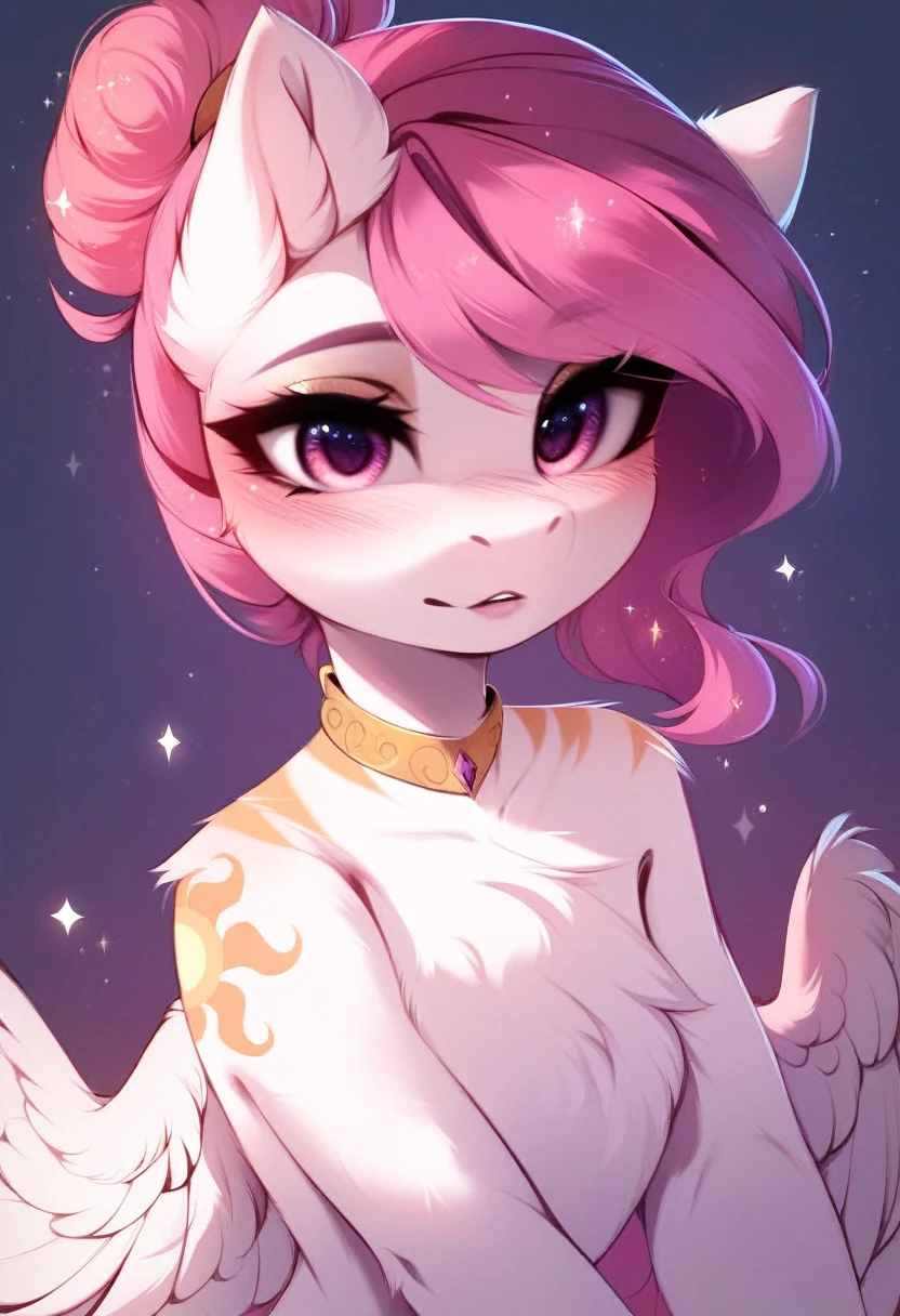 check_9, check_8_up, check_7_up, source_fluffy, rating_safe, from Magnaluna, Celestia poses seductively in a white bedroom, dark pink mane with gold stripes in it, hair bun with bangs, pink eyes, white body, anthro, blushing,