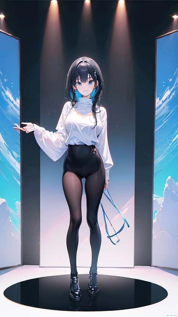 ((Full Body Shot: 1.5))、Big smile、Slim style、((The background is blurred and I can&#39;t see anything))、Pink Hair、(down view),Dynamic Angle,Ultra-detailed, illustration, Close-up, straight on, 1girll, (fantasy:1.4), (azureblueeyes:1.233),Her eyes shone like dreamy stars,(Glowing eyes:1.233),(Beautiful and detailed eyes:1.1),(Silver hair:1.14),(Messy hair,Very long hair,french braid,hair between eye,side locks), (+(bule hair flower:1.14)),(Chiffon dress,bule flower pattern in uniform)/=(army suit:1.24),(Detached sleeves,Wide sleeves),(Fingerless gloves),choker necklace,(miko thighhighs),high heels boots,(Expressionless,Closed mouth),(standing), (Classical princess boudoir with dressing table and floor-to-ceiling windows in a white ancient palace),(White flowers,full bloom),(abyssal),(Flowing water),(a dull blue world tree:1.14),(ruins),(Night:1.2),Dreamy,soul,(Fluorescence),(flying translucent blue butterflies:1.15), [[Delicate fingers and hands:0.55]::0.85],(Detail fingers),(yubao:0.5),