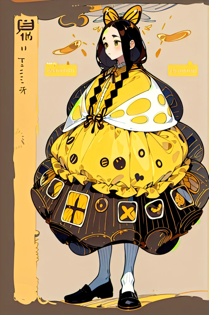 (Golden Ratio:1.2),[White background:1.4)::10],(masterpiece), (Highest quality), (Super detailed),制Clothing design、Clothing design、apron、sweets屋さんの服、Yellow Stripes、Frills、sweets、On the theme of brown and yellow、two kinds、For men、For women、Design drawing、melt、Honey、Bee design、men and women、two kindsのデザインを並べて、men and women 、(Reference Sheet)、Western style