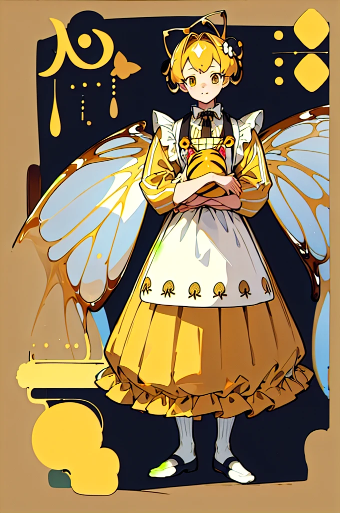 (Golden Ratio:1.2),[White background:1.4)::10],(masterpiece), (Highest quality), (Super detailed),制Clothing design、Clothing design、apron、sweets屋さんの服、Yellow Stripes、Frills、sweets、On the theme of brown and yellow、two kinds、For men、For women、Design drawing、melt、Honey、Bee design、men and women、two kindsのデザインを並べて、men and women 、(Reference Sheet)、Western style