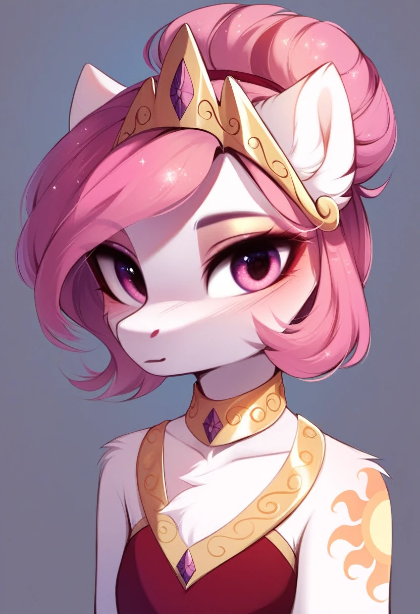 check_9, check_8_up, check_7_up, source_fluffy, rating_safe, from Magnaluna, Celestia poses seductively in a white bedroom, dark pink mane with gold stripes in it, hair bun with bangs, pink eyes, white body, anthro, blushing,