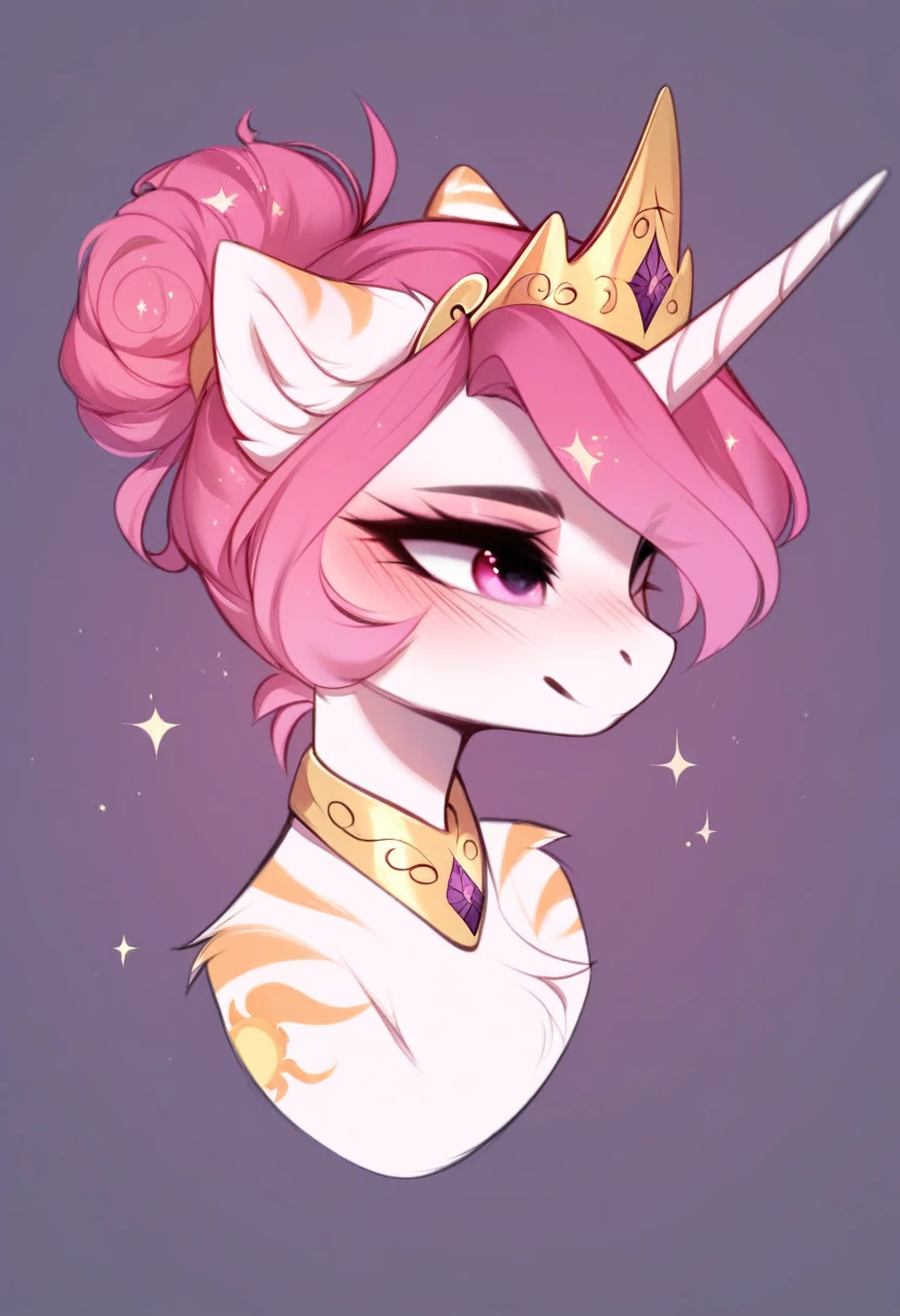 check_9, check_8_up, check_7_up, source_fluffy, rating_safe, from Magnaluna, Celestia poses seductively in a white bedroom, dark pink mane with gold stripes in it, hair bun with bangs, pink eyes, white body, anthro, blushing,