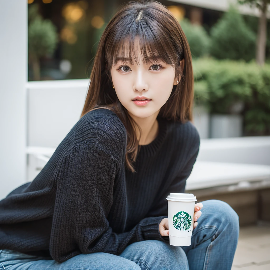 ((Tabletop,Highest quality)), (Like the picture:1.4),((Tabletop,8K))、White wall、(White Room)、((Full body photo))、Photographed in natural light、Highly detailed face and skin texture、Highly detailed lips、The correct state of the human body、Ultra-high resolution、(Realistic:1.4)、Highest quality, One beautiful woman, 21 years old, s, 80mm lens、Black sweater、The top is a white boa knit..、jeans、boots、Japanese women、(Dark brown hair)、ponytail、Various poses、Looking into the camera、Natural color lip、年齢は21 years old、university student、Starbucks part-time job