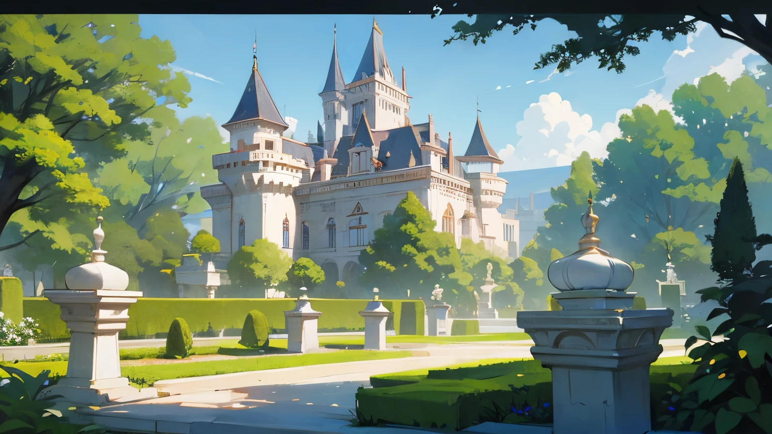 absurdres, bestres, illustration, background, exterior, small palace garden, fantasy, lush, castle