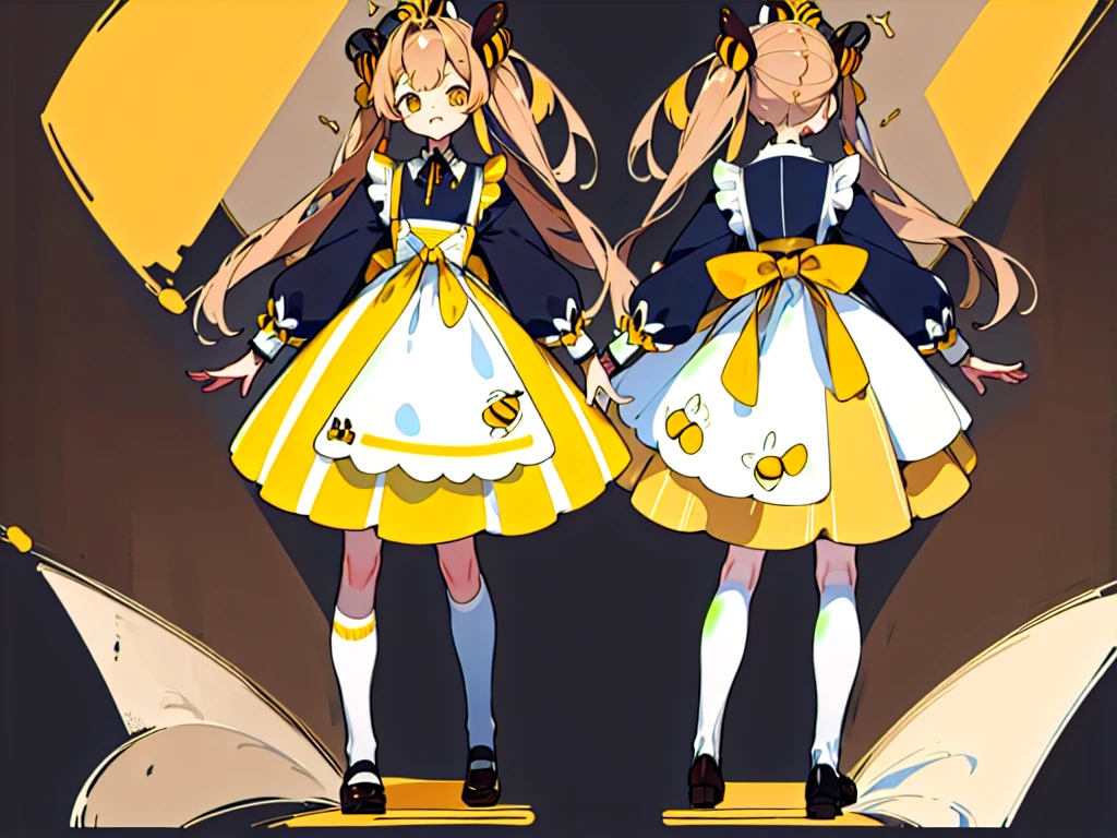 (Golden Ratio:1.2),[White background:1.4)::10],(masterpiece), (Highest quality), (Super detailed),制Clothing design、Clothing design、apron、sweets屋さんの服、Yellow Stripes、Frills、sweets、On the theme of brown and yellow、two kinds、For men、For women、Design drawing、melt、Honey、Bee design、men and women、two kindsのデザインを並べて