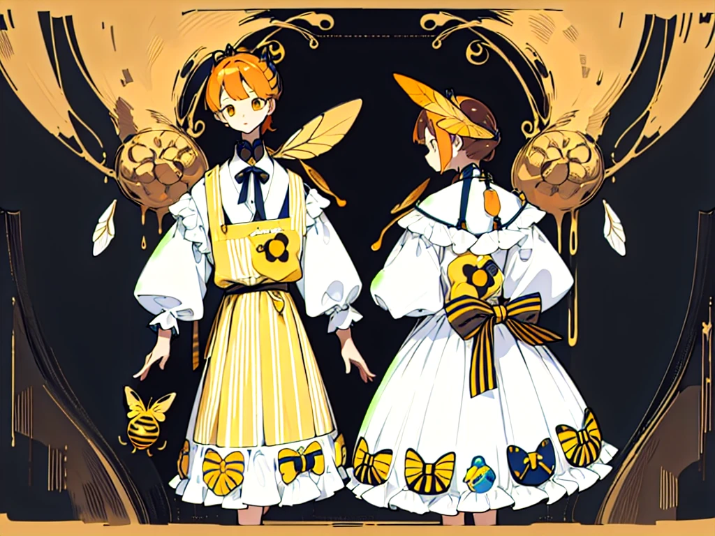 (Golden Ratio:1.2),[White background:1.4)::10],(masterpiece), (Highest quality), (Super detailed),制Clothing design、Clothing design、apron、sweets屋さんの服、Yellow Stripes、Frills、sweets、On the theme of brown and yellow、two kinds、For men、For women、Design drawing、melt、Honey、Bee design、men and women、two kindsのデザインを並べて