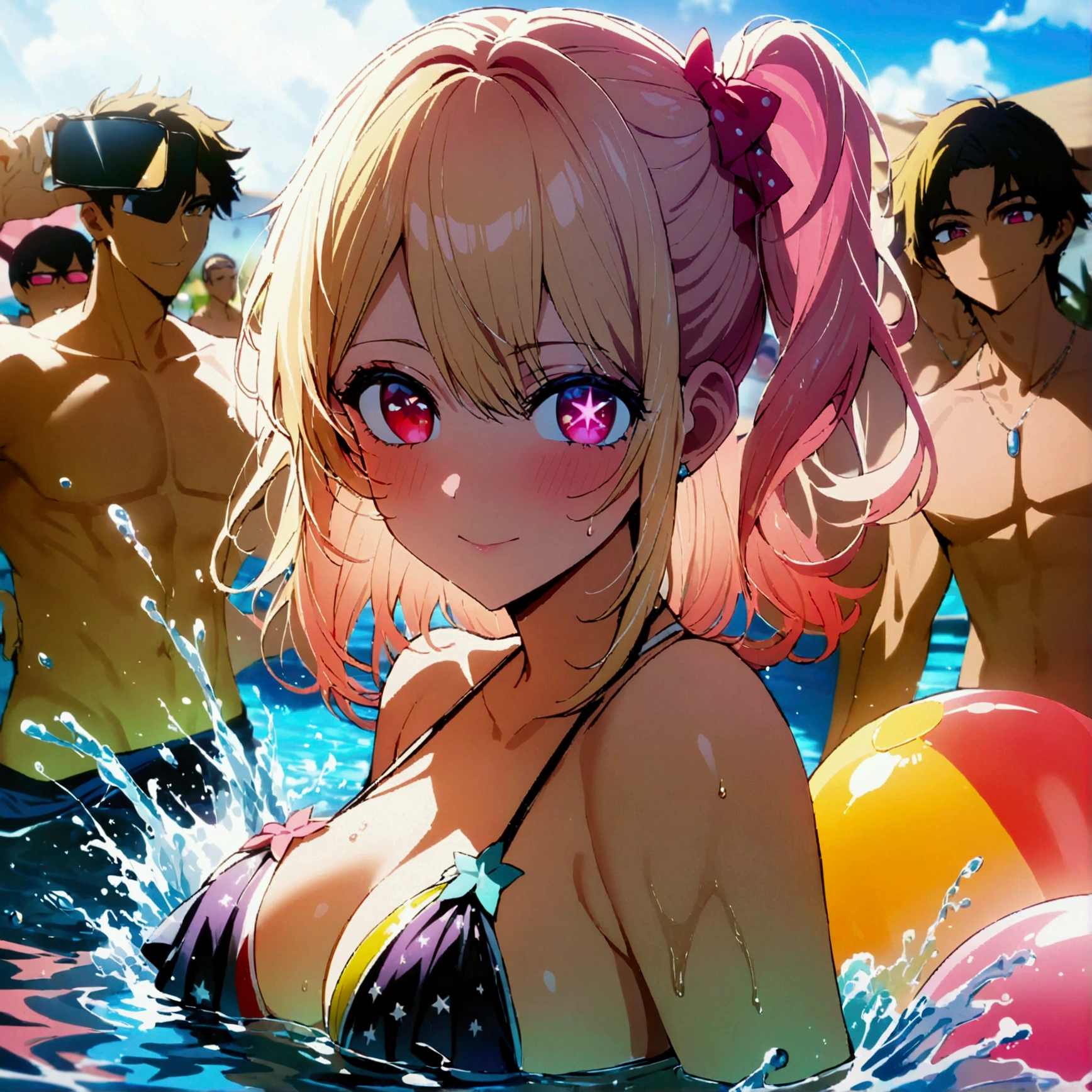 (Pool Party), swimsuit crowd boys, young people having fun at a pool, one girl among many men, hoshinoruby, star-shaped pupils, ruby_hoshino, idol, blonde hair, bangs, pink and red eyes, left side ponytail, close the right eye, looking at viewer, best quality, masterpiece, high quality, extremely detailed CG unity 8k wallpaper, highres, intricate details, light particles, everyone enjoys partying, multi pose, colorful swim rings, big beach balls, water splashing, caustics, light leaks, glass of cocktail, blurry background, partially underwater shot, 