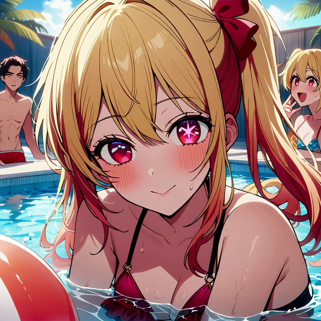 (Pool Party), swimsuit crowd boys, young people having fun at a pool, one girl among many men, hoshinoruby, star-shaped pupils, ruby_hoshino, idol, blonde hair, bangs, pink and red eyes, left side ponytail, close the right eye, looking at viewer, best quality, masterpiece, high quality, extremely detailed CG unity 8k wallpaper, highres, intricate details, light particles, everyone enjoys partying, multi pose, colorful swim rings, big beach balls, water splashing, caustics, light leaks, glass of cocktail, blurry background, partially underwater shot, 