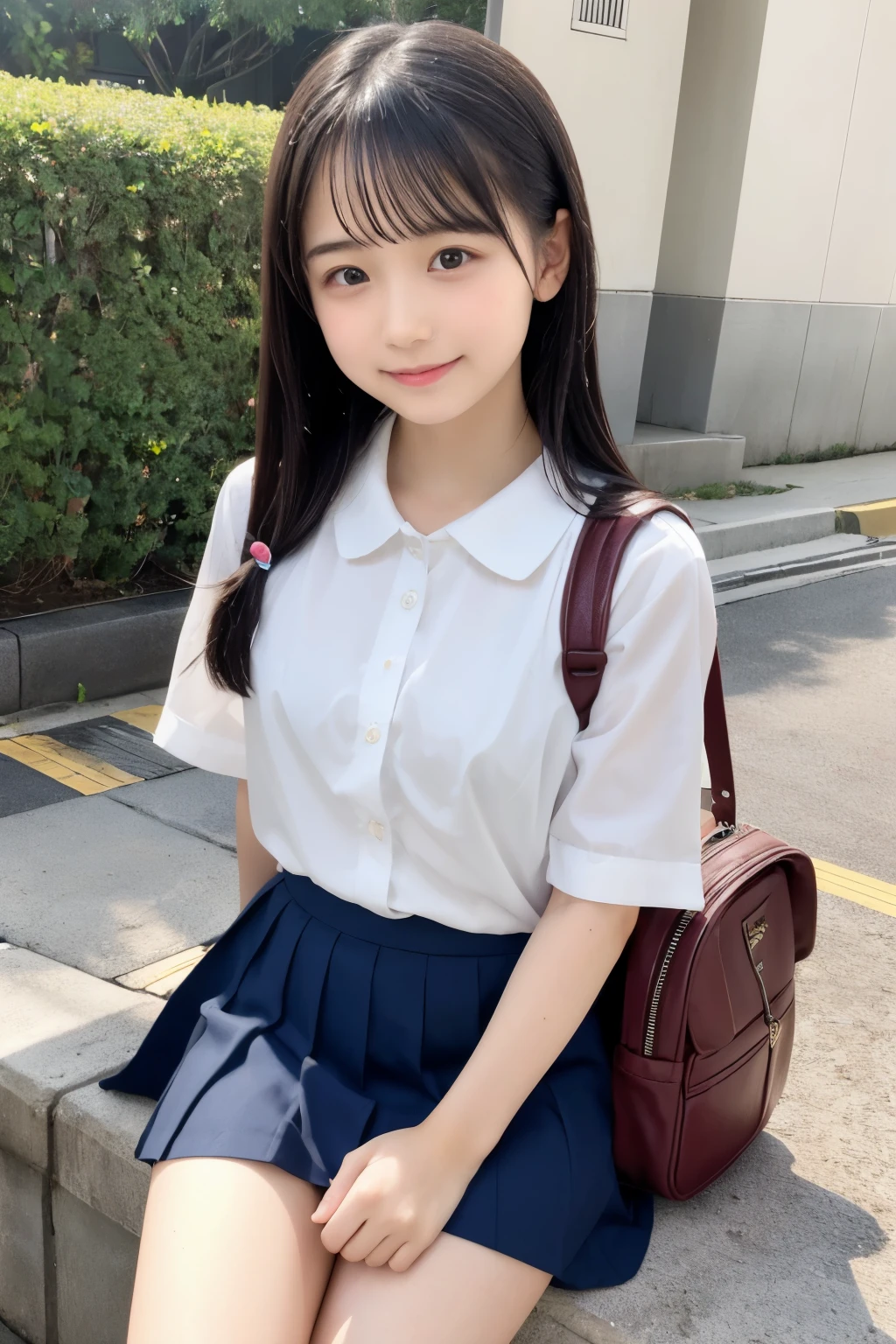 ((Highest quality)), ((masterpiece)), (Familiar), Innocent face、、、Plump face,Japanese,9 years olde,Primary school stuy school,4th grade elementary sc,Thin legs、uniformskirt,school bag,In front of the station,rain,Wet Hair、Wet clothes、See-through、