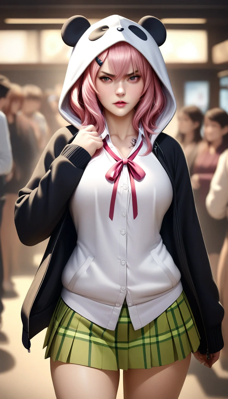 masterpiece, best quality, very aesthetic, absurdres, 1girl, mature_lady,animetoreal,realistic,photorealistic, ,1girl, sasaki saku \(1st costume\), nijisanji, virtual youtuber, hood, animal hood, panda hood, pink hair, jacket, hair ornament, skirt, hairclip, hooded jacket,serious,1girl,cowboy shot, (contempt, disgust,shaded face,looking at viewer,frown),(from below,lifting skirt,panties),,Mediterranean,blur background,background defocus