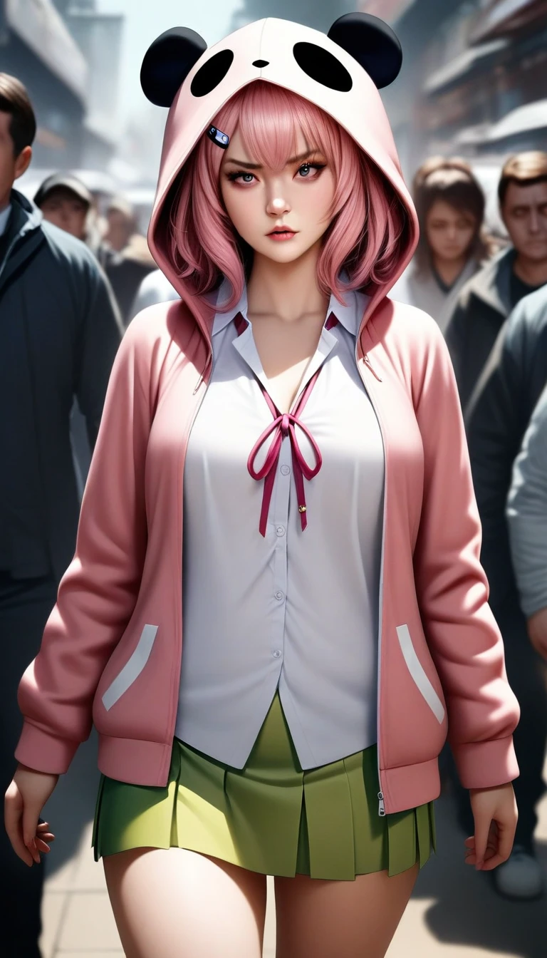 masterpiece, best quality, very aesthetic, absurdres, 1girl, mature_lady,animetoreal,realistic,photorealistic, ,1girl, sasaki saku \(1st costume\), nijisanji, virtual youtuber, hood, animal hood, panda hood, pink hair, jacket, hair ornament, skirt, hairclip, hooded jacket,serious,1girl,cowboy shot, (contempt, disgust,shaded face,looking at viewer,frown),(from below,lifting skirt,panties),,Mediterranean,blur background,background defocus