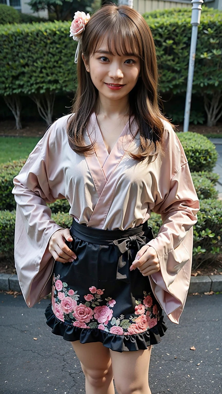 (8K、RAW Photos、Highest quality、masterpiece:1.2)、(Highest quality、Realistic)、1 Girl、((ribbon、Pink and black、smile、Long-sleeved kimono、See-through、Frills、帯にribbon、Medium Hair、Breast enlargement、Short kimono、Floral、mini skirt、Thin legs、whole body、Sandals、garden、View from the front、Looking into the camera、Idol Costume、Stand with hands on hips))、cute
