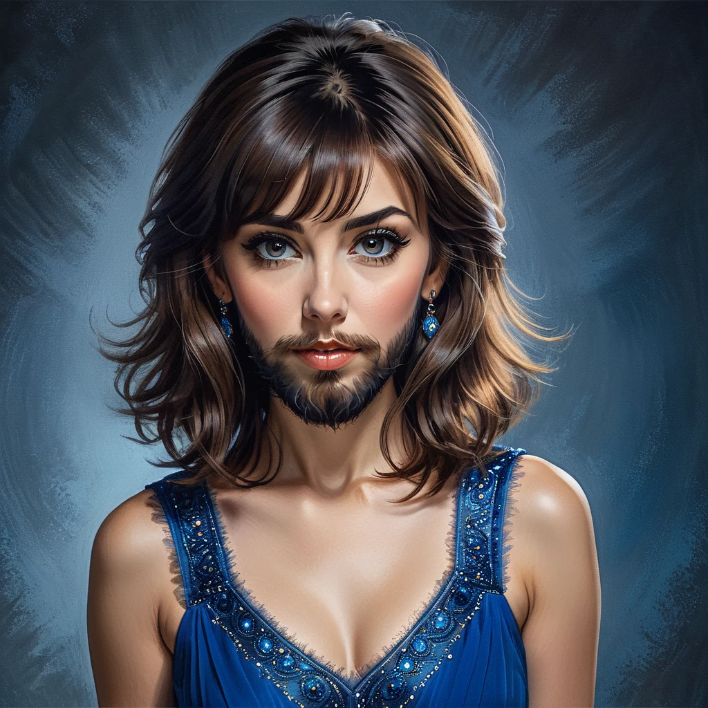 precise portrait, bearded woman with a well-trimmed hairy and shaggy beard, medium-long brown hair with side bangs, hypnotizing brown eyes, blue dancer's dress