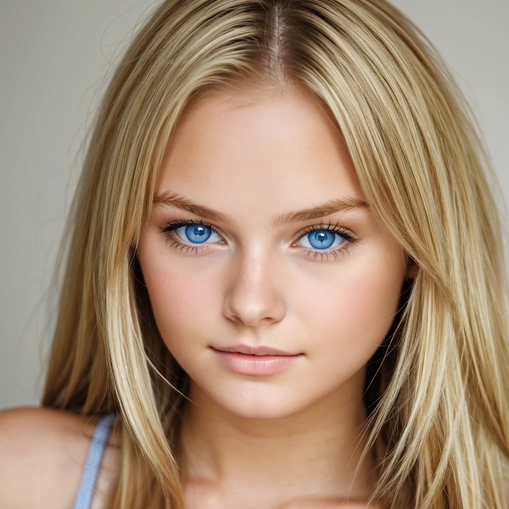 A young 19-year-old women, blonde hair, blue eyes.